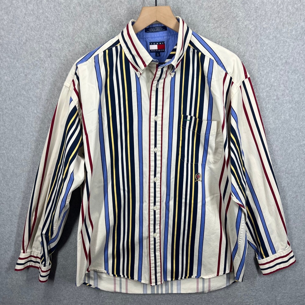 Vintage Tommy Hilfiger Button Up Shirt Mens L Multicolor Vertical‎ Stripe Cotton